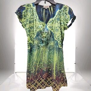 ONE WORLD Lightweight Tunic Womens Small Studded Short Sleeve Bohemian Print